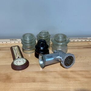 Vintage Collectible Bundle Glass Insulators, Temp Gauge  and Metal Grinder Part